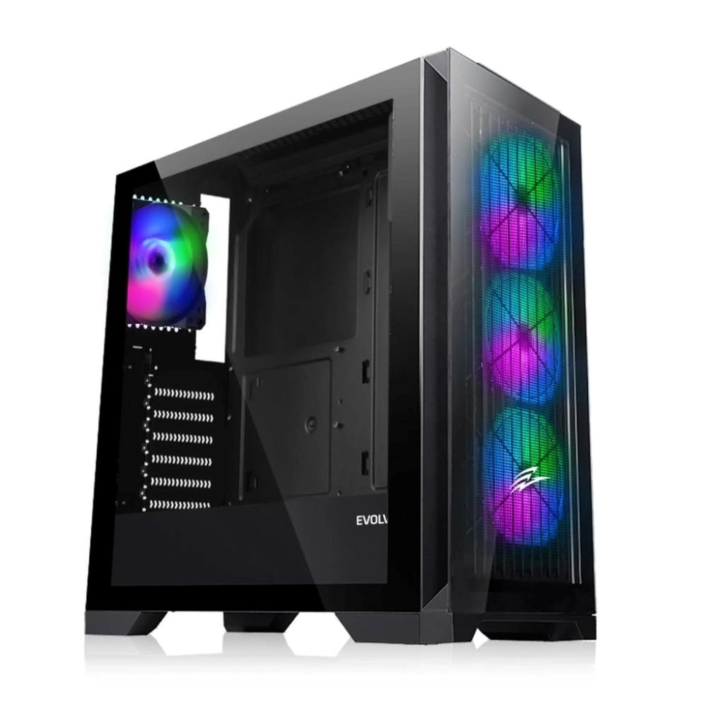 EVOLVEO Ptero Q2G, skříň ATX, 4x ARGB ventilátor, čelní+boční panel sklo, černá