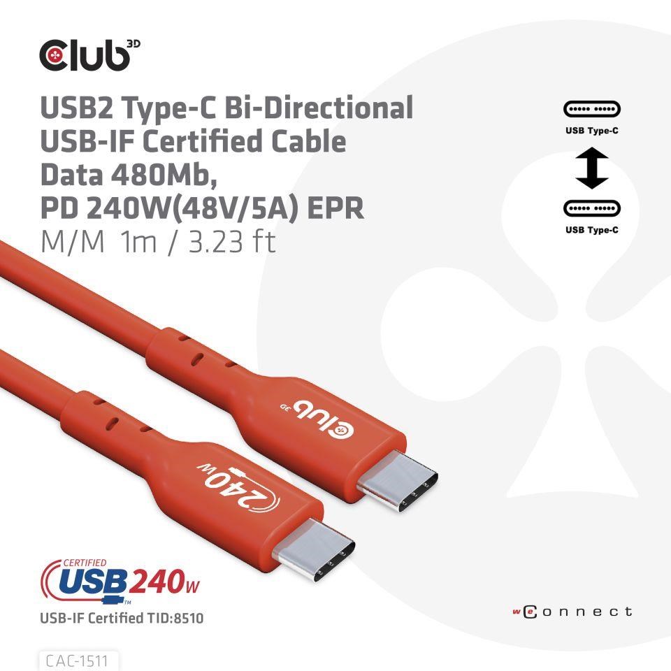 Club3D kabel USB-C, Oboustranný USB-IF Certifikovaný data kabel, PD 240W(48V/5A) EPR M/M 1m