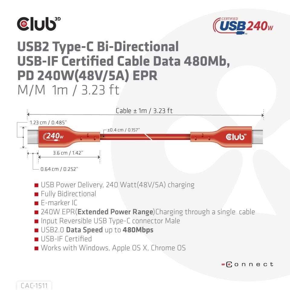 Club3D kabel USB-C, Oboustranný USB-IF Certifikovaný data kabel, PD 240W(48V/5A) EPR M/M 1m