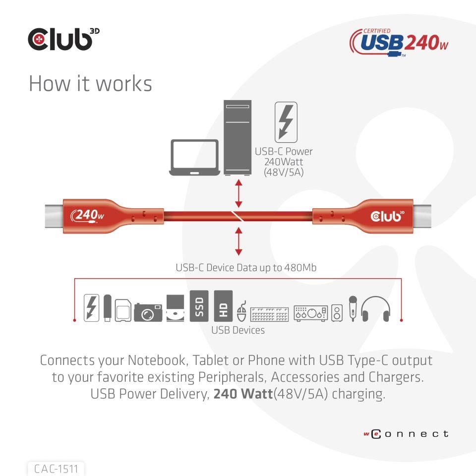 Club3D kabel USB-C, Oboustranný USB-IF Certifikovaný data kabel, PD 240W(48V/5A) EPR M/M 1m