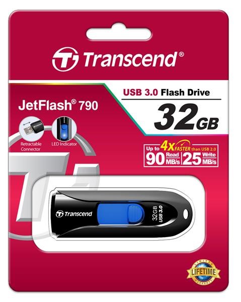 TRANSCEND Flash Disk 32GB JetFlash®790, USB 3.1 (R:90/W:25 MB/s) černá/modrá