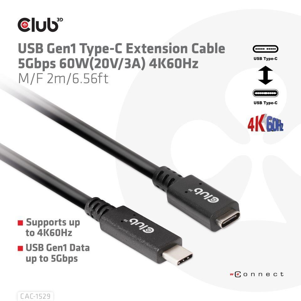 Club3D Prodlužovací kabel USB-C, 5Gbps 60W(20V/3A), 4K 60Hz (M/F), 2m
