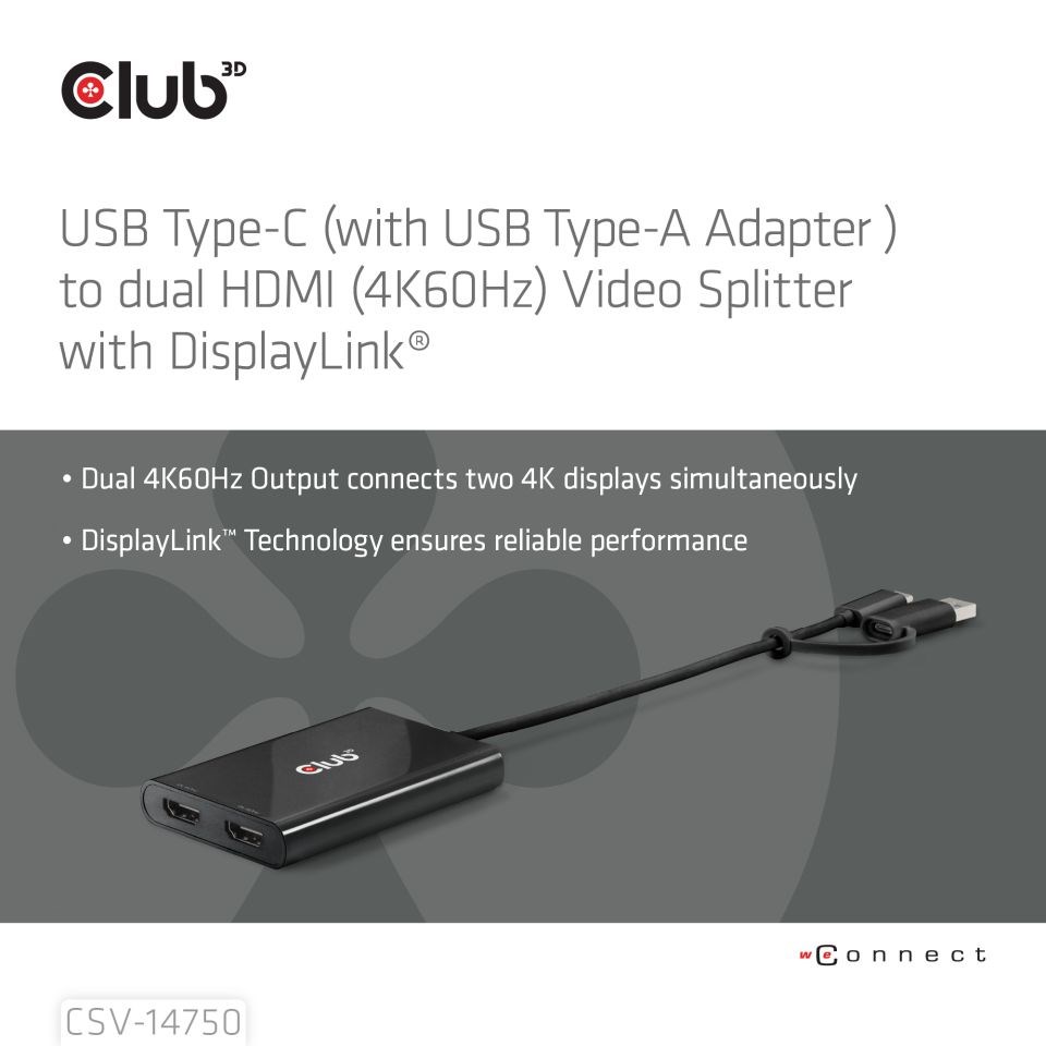 Club3D Video rozbočovač USB-C/A na 2xHDMI 2.0, Dual Monitor, 4K60Hz (M/F)