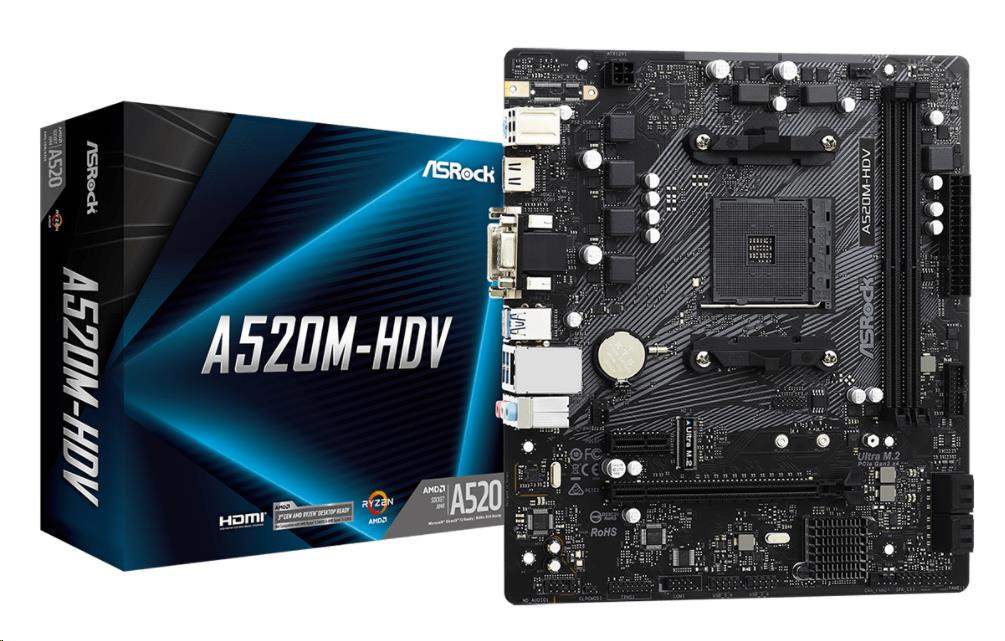 ASRock MB Sc AM4 A520M-HDV, AMD A520M, 2xDDR4, HDMI, DVI