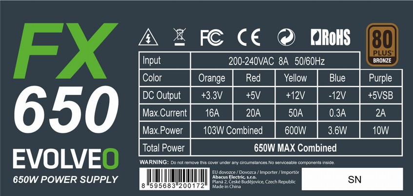 EVOLVEO FX 650 , zdroj 650W ATX, 14cm, tichý, 80+ bronze, bulk, záruka 3 roky