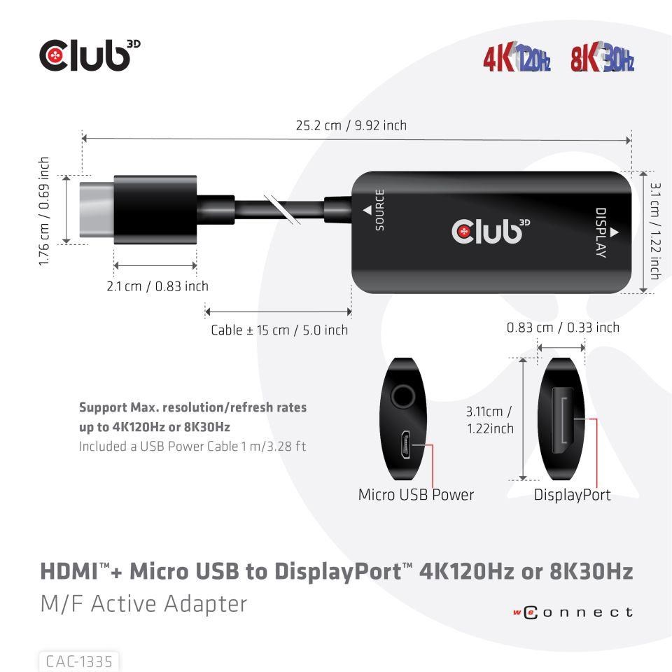Club3D Adaptér HDMI + Micro USB na DisplayPort 4K120Hz/8K30Hz, Active Adapter M/F