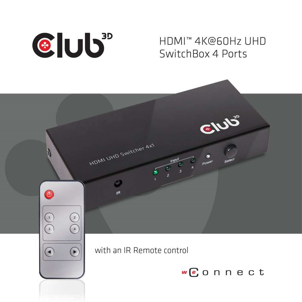 Club3D Video switch 4:1 HDMI 2.0 4K60Hz UHD, 4 porty