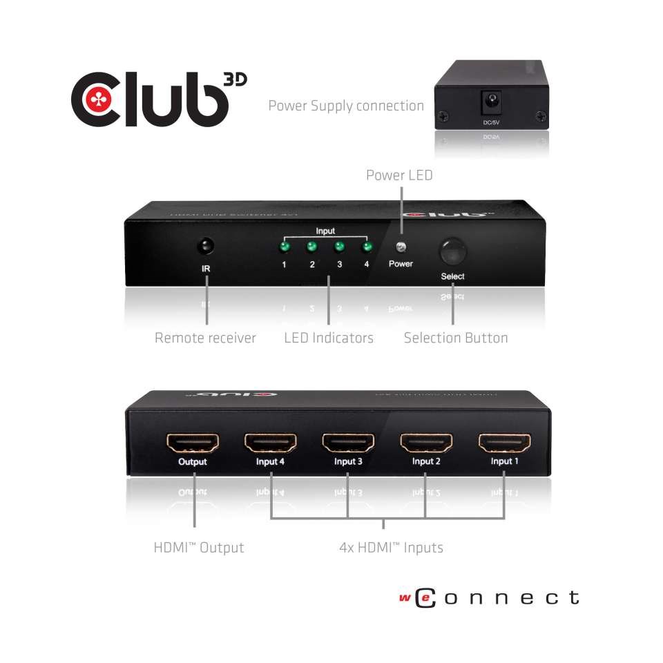 Club3D Video switch 4:1 HDMI 2.0 4K60Hz UHD, 4 porty