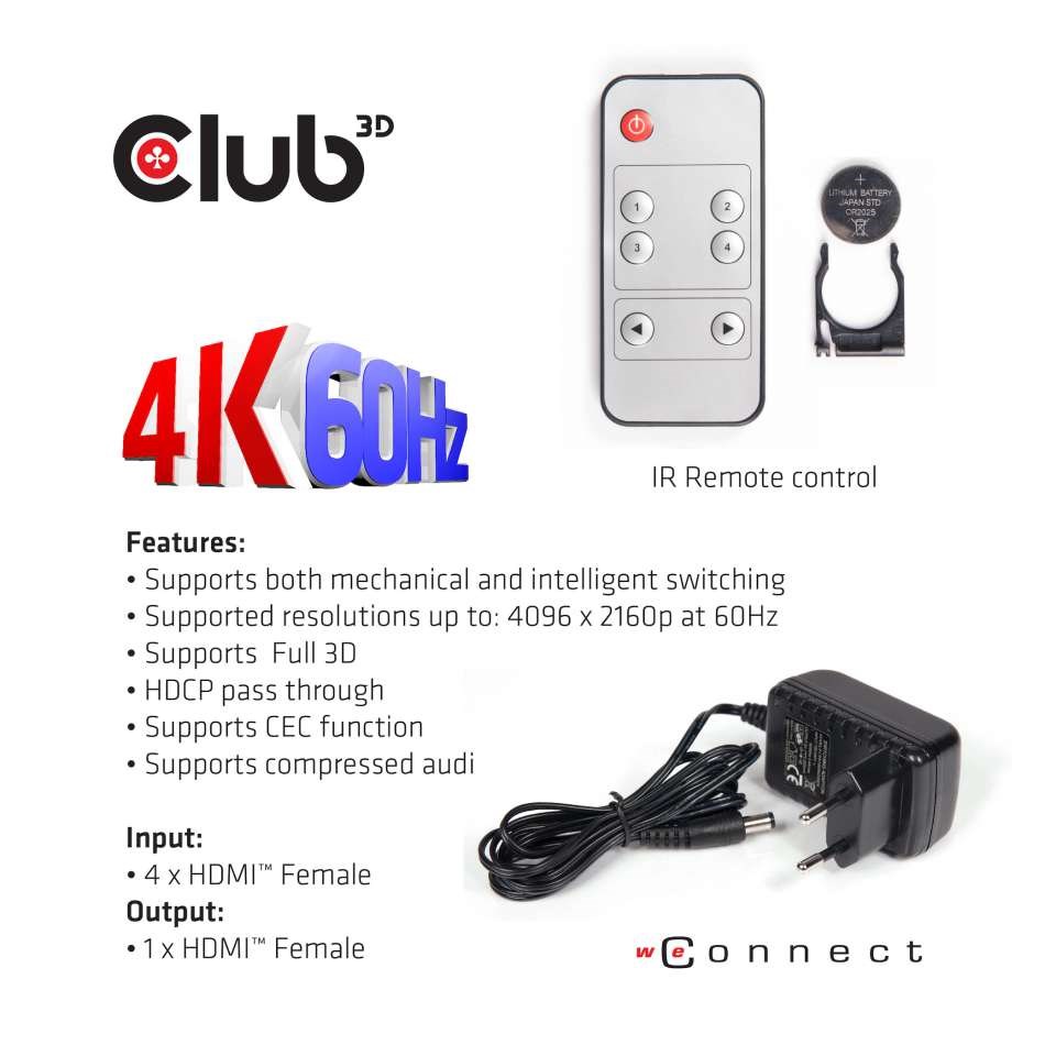 Club3D Video switch 4:1 HDMI 2.0 4K60Hz UHD, 4 porty