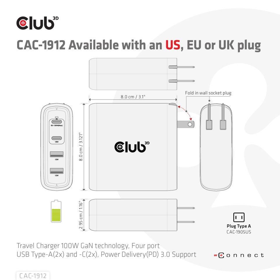 Club3D cestovní nabíječka 100W GAN technologie, 2xUSB-A a 2xUSB-C, PD 3.0 Support