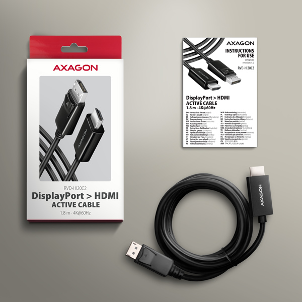 AXAGON RVD-HI20C2, DisplayPort -> HDMI 2.0b redukce / kabel 1.8m, 4K/60Hz