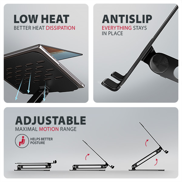 AXAGON STND-LQB, hliníkový HQ stojan pro notebooky 10"-17.3", nastavitelná výška a úhel, černý