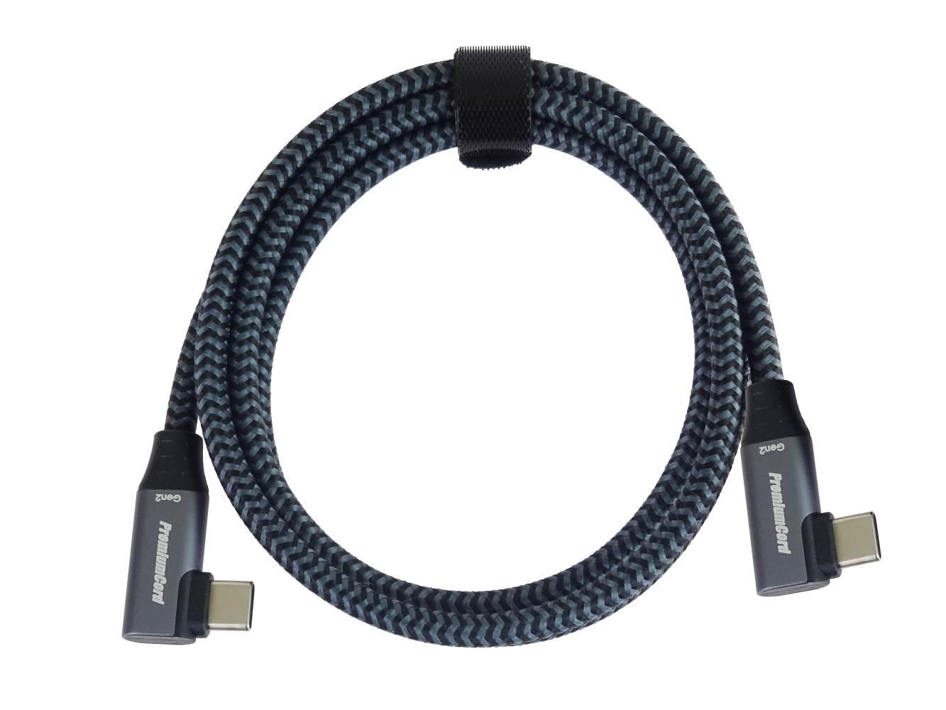 PremiumCord USB-C 2x zahnutý kabel ( USB 3.2 GEN 2x2, 5A, 100W, 20Gbit/s ) bavlněný oplet, délka: 0,5m