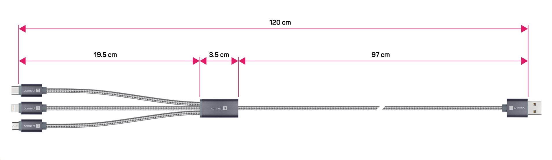 CONNECT IT Wirez 3in1 USB-C & Micro USB & Lightning, silver gray, 1,2 m