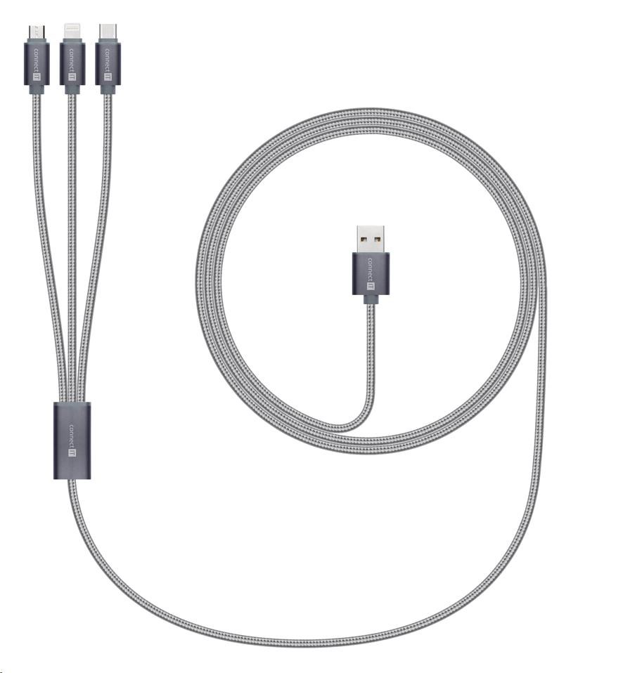 CONNECT IT Wirez 3in1 USB-C & Micro USB & Lightning, silver gray, 1,2 m