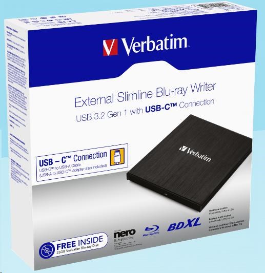VERBATIM externí mechanika Slimline Blu-ray Writer (USB-C, USB 3.0)  Zdarma BR Disc 25GB (CD DVD BD + NERO