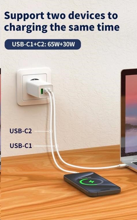 WG - Síťová nabíječka GaN 100W, 3x USB, 1x USB-A + 2x USB-C, white