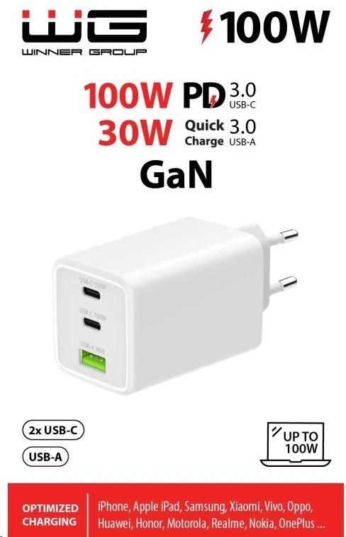 WG - Síťová nabíječka GaN 100W, 3x USB, 1x USB-A + 2x USB-C, white