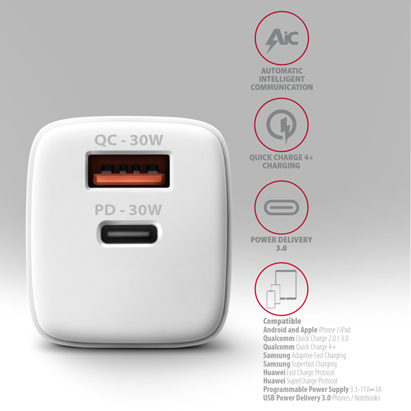 AXAGON ACU-PQ30W, Sil nabíječka do sítě 30W, 2x port (USB-A + USB-C), PD3.0/PPS/QC4+/SFC/AFC/Apple, bílá