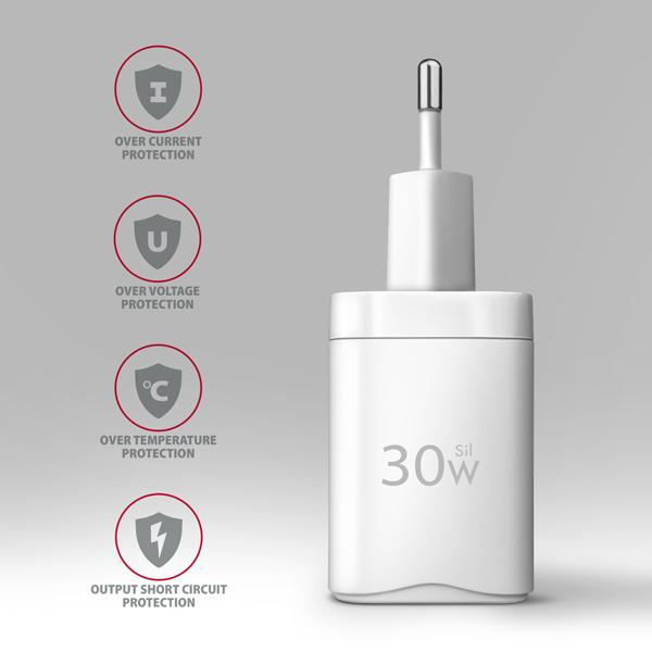 AXAGON ACU-PQ30W, Sil nabíječka do sítě 30W, 2x port (USB-A + USB-C), PD3.0/PPS/QC4+/SFC/AFC/Apple, bílá