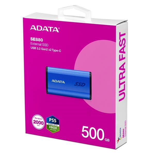 ADATA Externí SSD 500GB SE880, USB-C 3.2 Gen 2x2, R:2000/W:2000MB/s, modrá