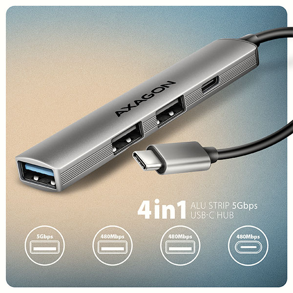 AXAGON HUE-STC, 4x USB ALU STRIP hub, 1x USB-A 5Gbps, 2x USB-A & 1x USB-C 480Mbps, kabel USB-C 12cm