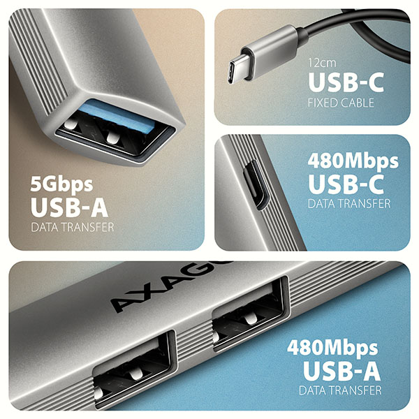 AXAGON HUE-STC, 4x USB ALU STRIP hub, 1x USB-A 5Gbps, 2x USB-A & 1x USB-C 480Mbps, kabel USB-C 12cm