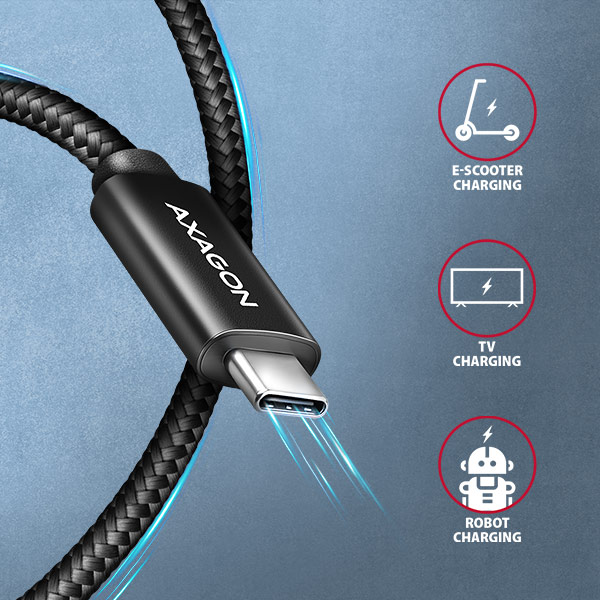 AXAGON BUCM2-CM30AB, CHARGE kabel USB-C <-> USB-C, 3m, Hi-Speed USB, PD 240W 5A, ALU, oplet, černý