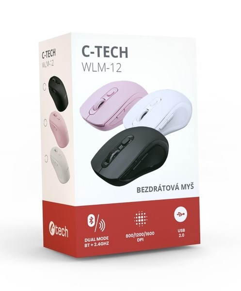 C-TECH myš Dual mode WLM-12BK, bezdrátová, 1600DPI, 6 tlačítek, černá, USB nano receiver