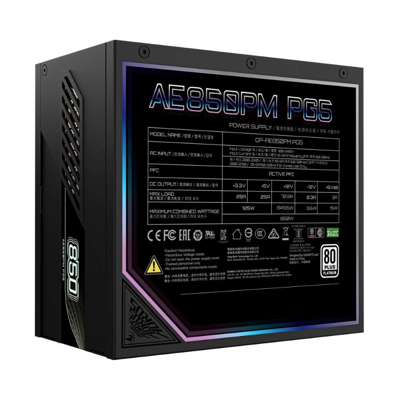 GIGABYTE zdroj AE850PM PG5, 850W, 80+ Platinum, 120mm fan, černá