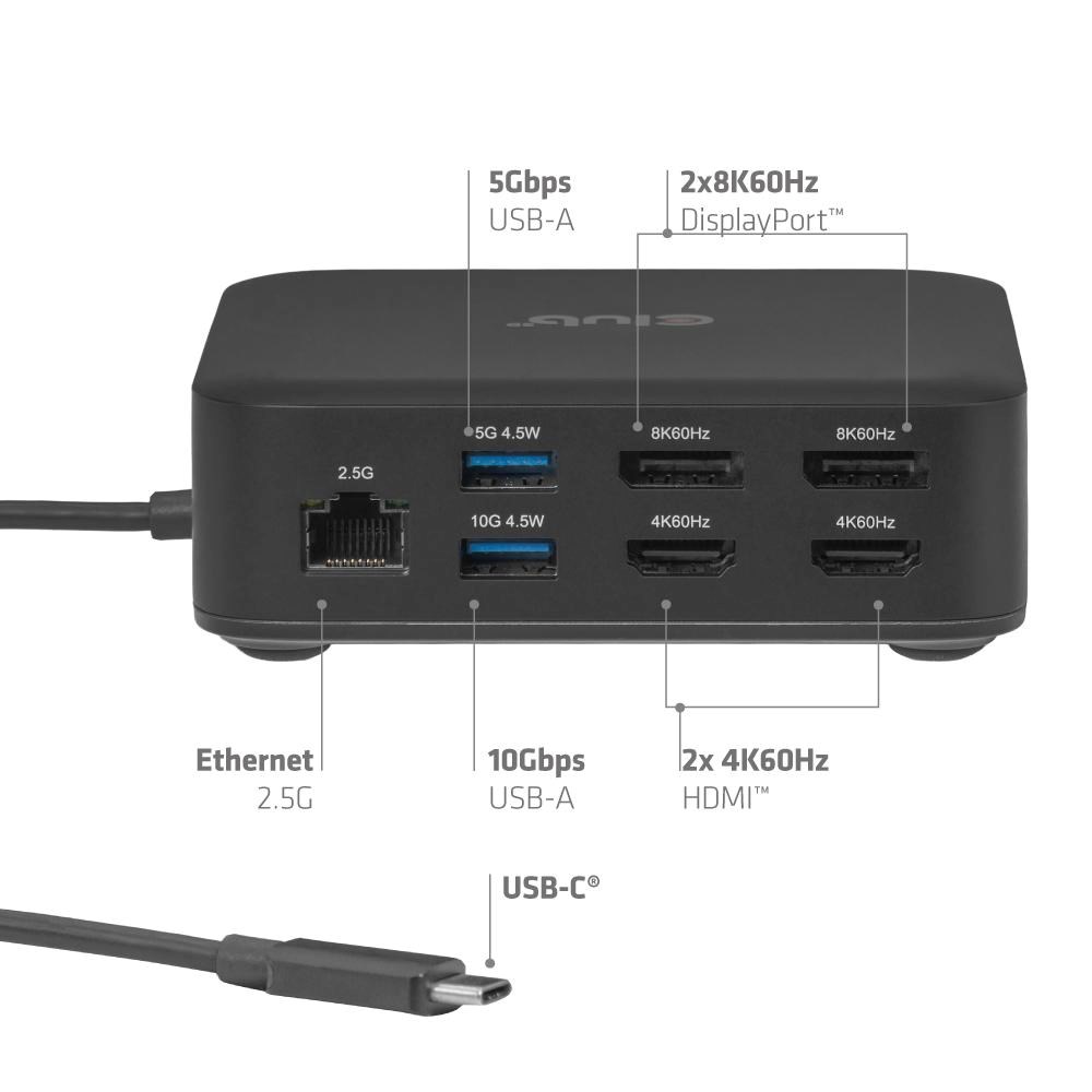Club3D Dokovací stanice USB-C 12v1, 2xHDMI, 2xDP, 2xUSB-C, 1xUSB-C PD, 3xUSB, 1xRJ45, 1x3.5mm, černá