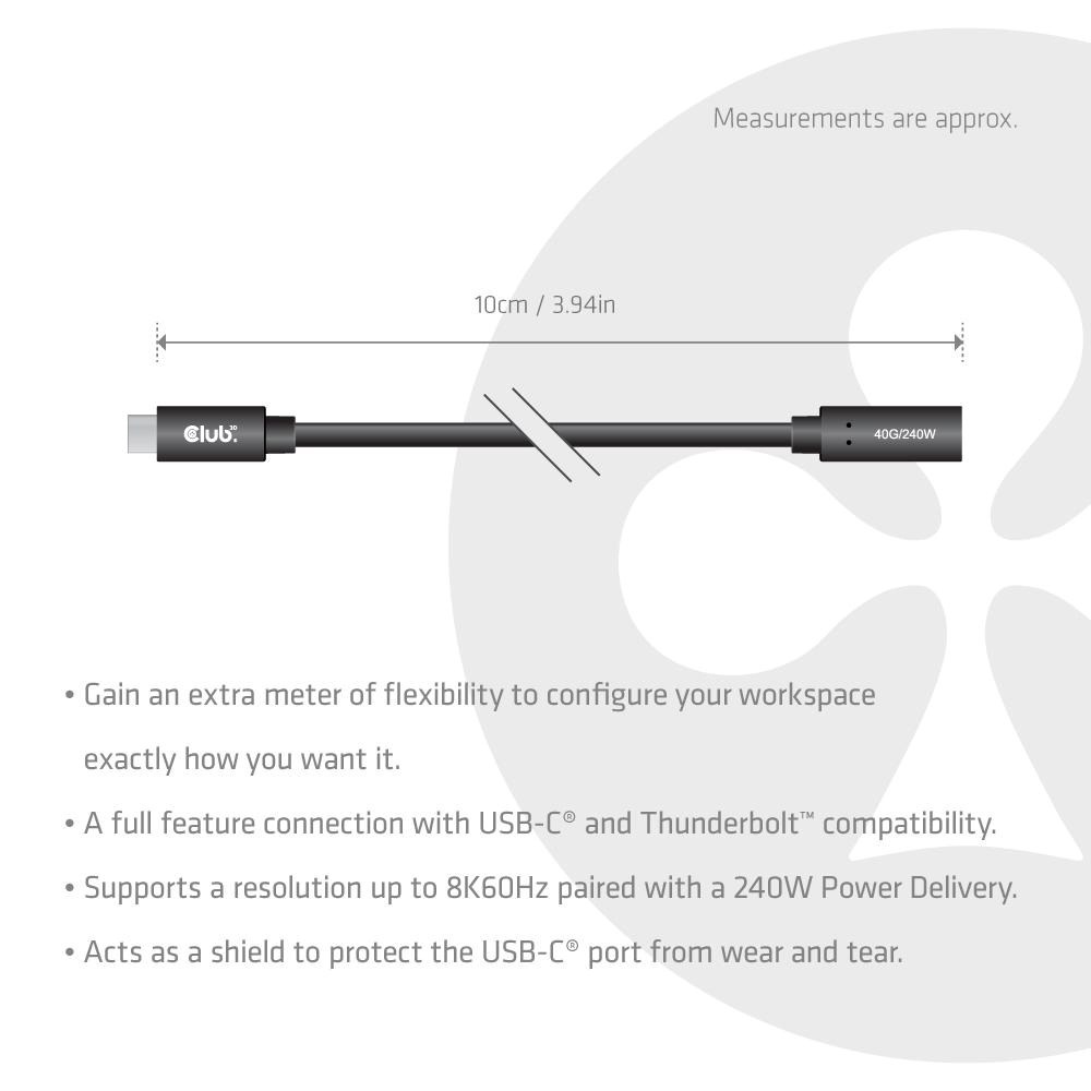 Club3D Prodlužovací kabel USB-C 8K60Hz, 40Gbps, Power Delivery 240W, (M/F), 100cm
