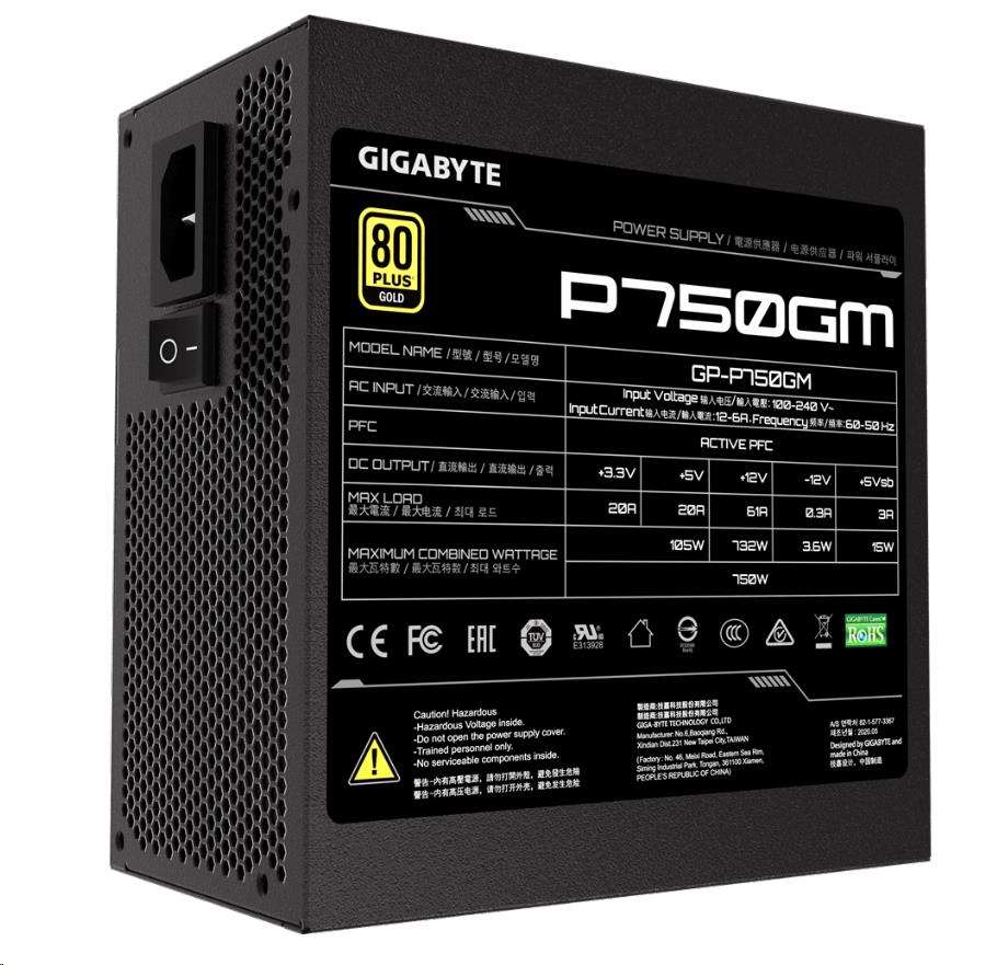 GIGABYTE zdroj P750GM, 750W, 80plus gold, modular, 120 mm fan