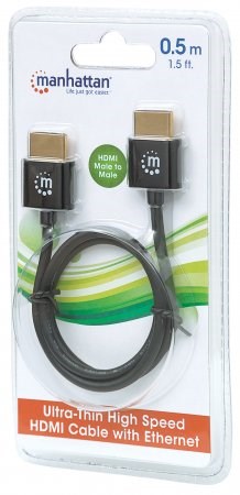 MANHATTAN Ultra-thin High Speed HDMI Cable with Ethernet, HEC, ARC, 3D, 4K, HDMI Male to Male, Shielded, Black, 0,5m