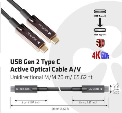 Club3D Kabel USB 3.2 typ C Gen2, aktivní, (M/M), 20m, optický, aktivní, unidirectional, A/V