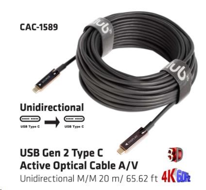 Club3D Kabel USB 3.2 typ C Gen2, aktivní, (M/M), 20m, optický, aktivní, unidirectional, A/V