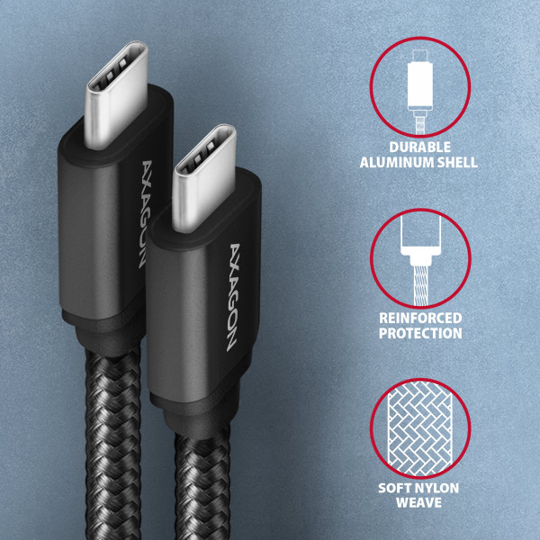 AXAGON BUCM3-CM10AB, SPEED kabel USB-C <-> USB-C, 1m, USB 3.2 Gen 1, PD 60W 3A, ALU, oplet, černý