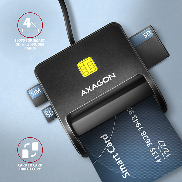 AXAGON CRE-SM3SD, USB-A FlatReader 4-slot čtečka Smart card (eObčanka) + SD/microSD/SIM, kabel 1.3 m