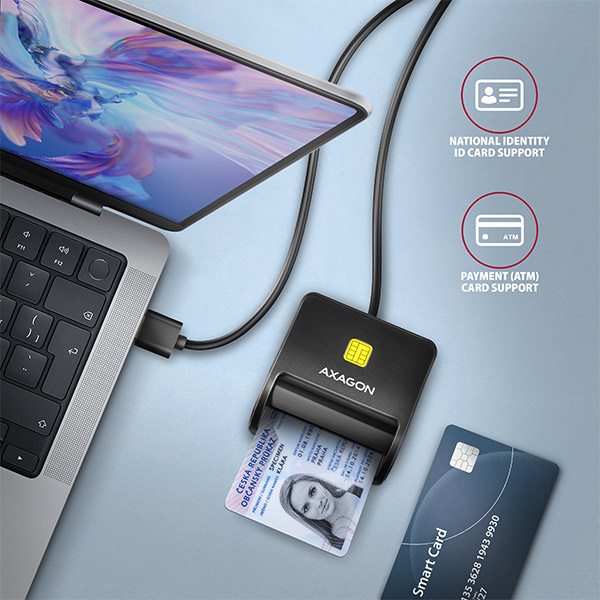 AXAGON CRE-SM3SD, USB-A FlatReader 4-slot čtečka Smart card (eObčanka) + SD/microSD/SIM, kabel 1.3 m
