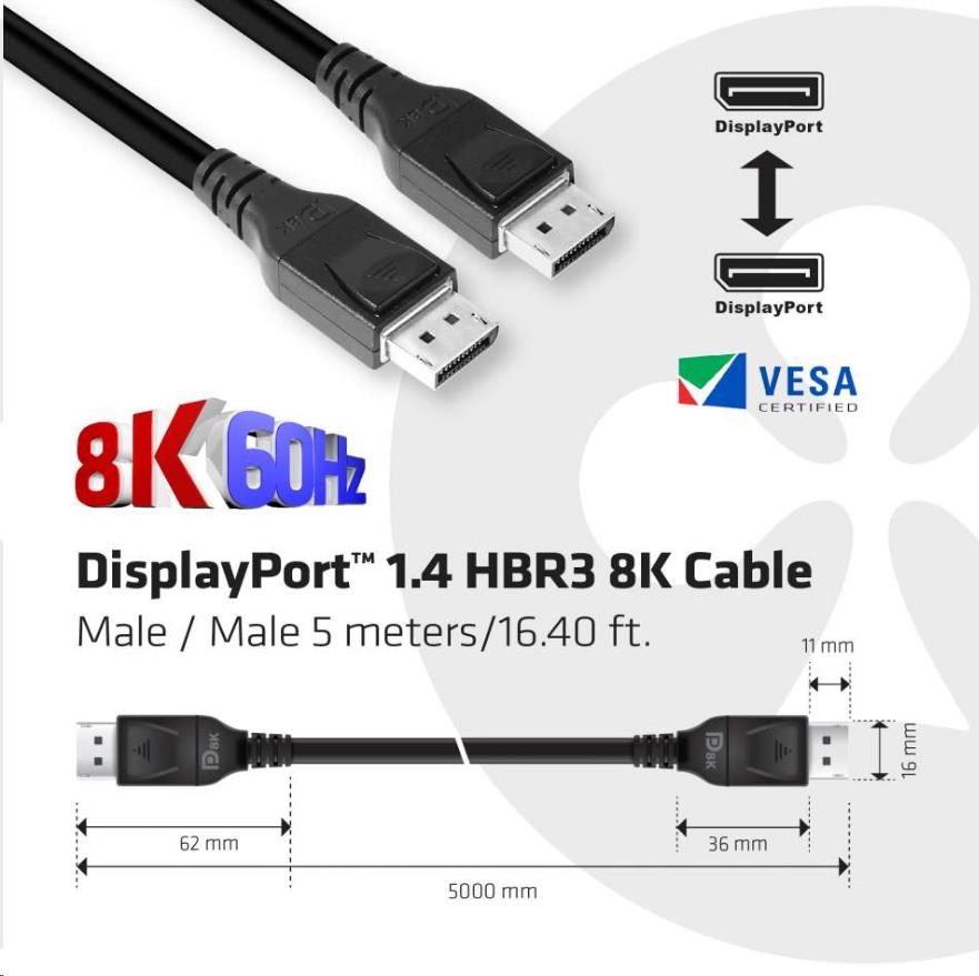Club3D Kabel certifikovaný DisplayPort 1.4, HBR3, 8K60Hz (M/M), 5m, 28 AWG