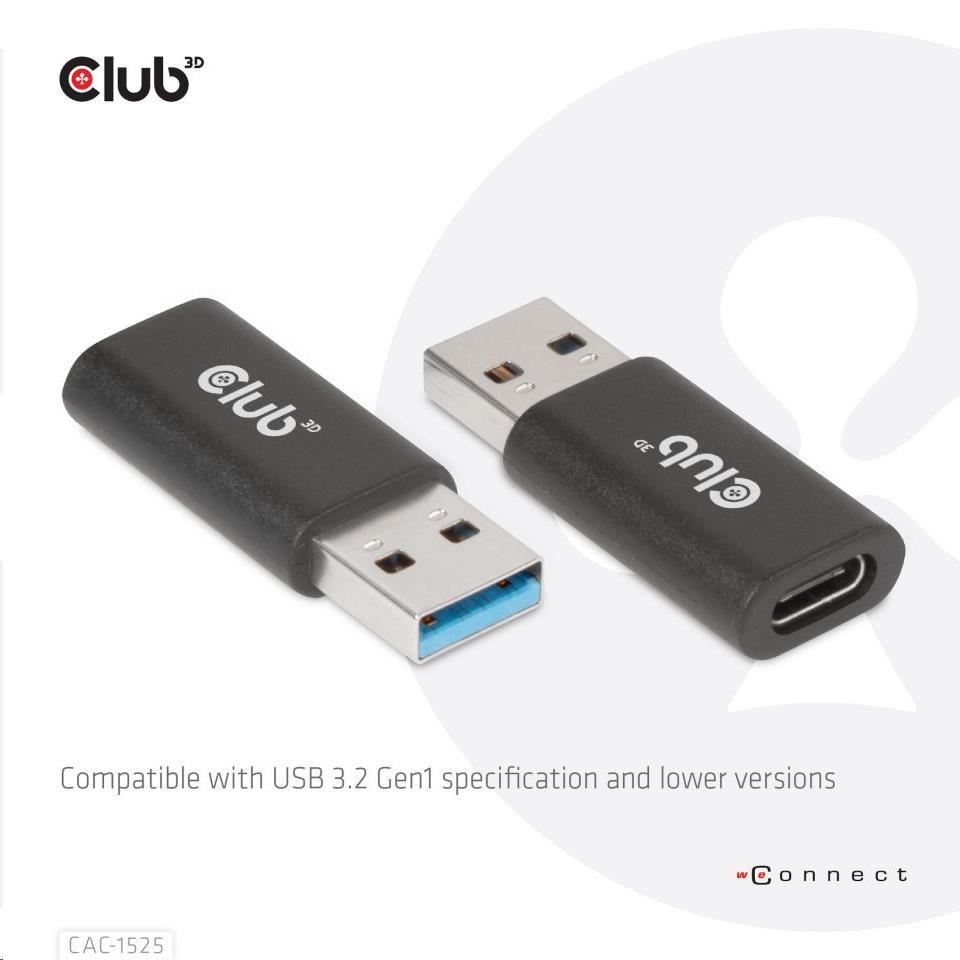 Club3D adaptér USB 3.2 Gen1 Type A na USB 3.2 Gen1 Type C (M/F), černá
