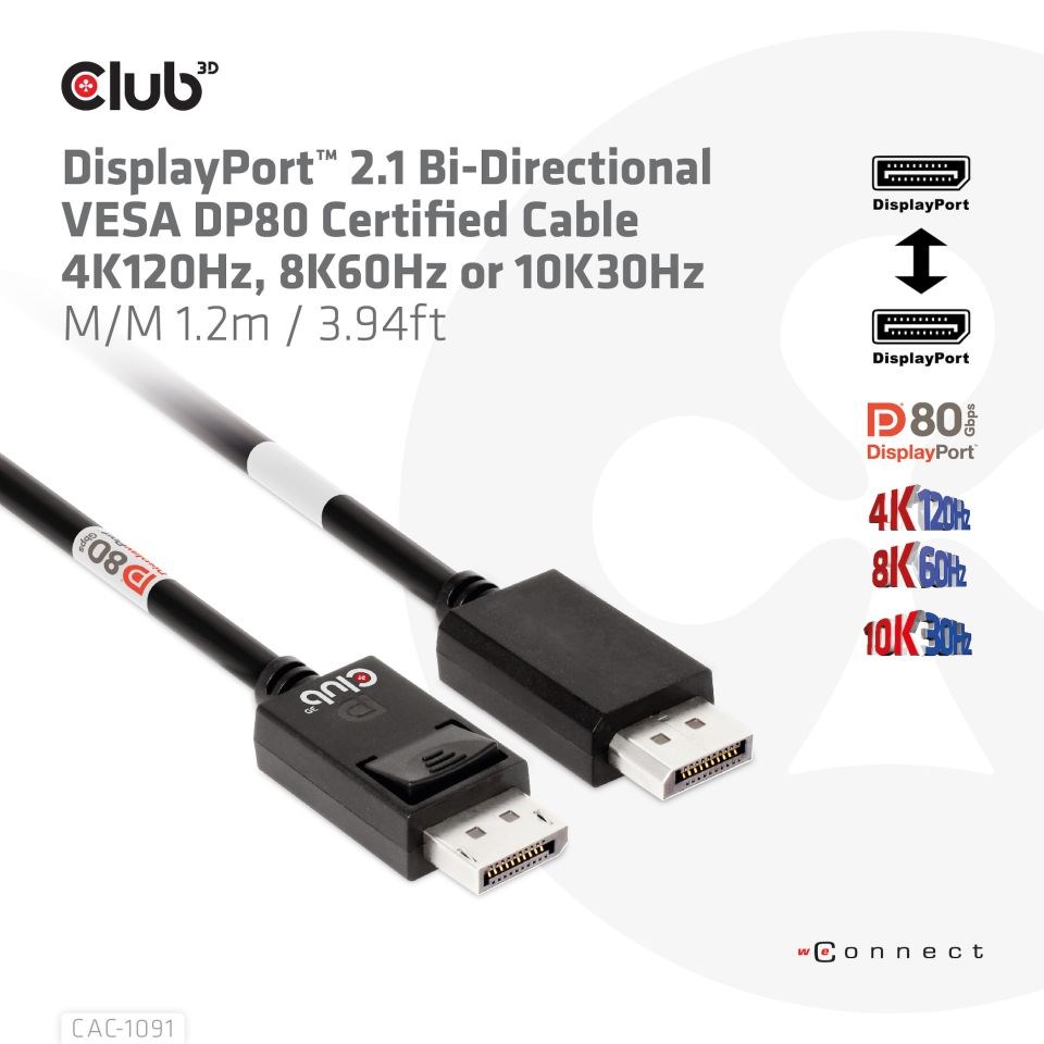 Club3D Kabel DisplayPort 2.1 na DisplayPort 2.1 VESA DP80, 4K240Hz/8K60Hz/10K30Hz HDR (M/M), 1.2m, černá