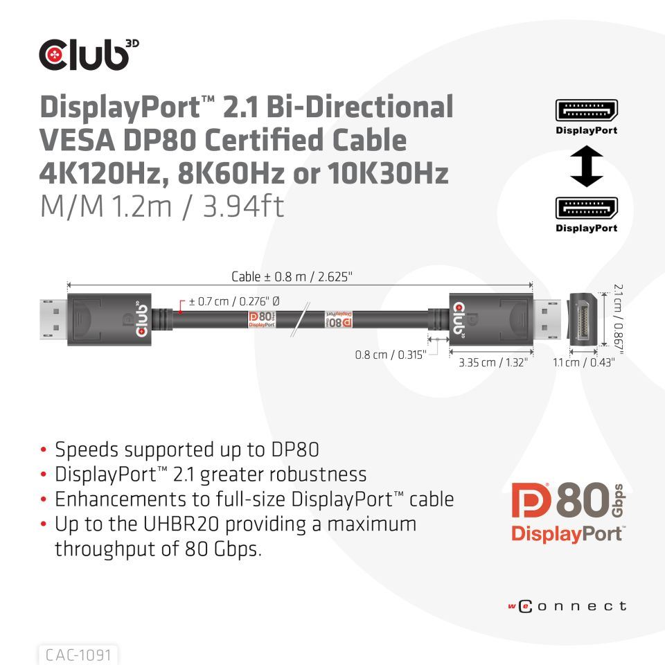 Club3D Kabel DisplayPort 2.1 na DisplayPort 2.1 VESA DP80, 4K240Hz/8K60Hz/10K30Hz HDR (M/M), 1.2m, černá