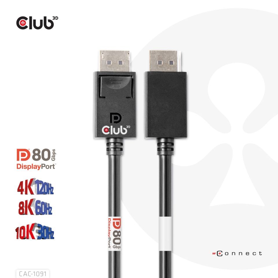 Club3D Kabel DisplayPort 2.1 na DisplayPort 2.1 VESA DP80, 4K240Hz/8K60Hz/10K30Hz HDR (M/M), 1.2m, černá