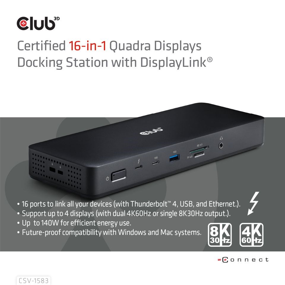 Club3D Dokovací stanice USB-C 16v1, 3xDP, 2xHDMI, 1xUSB-C, 3xUSB, 1xRJ45, 1x3.5mm, černá