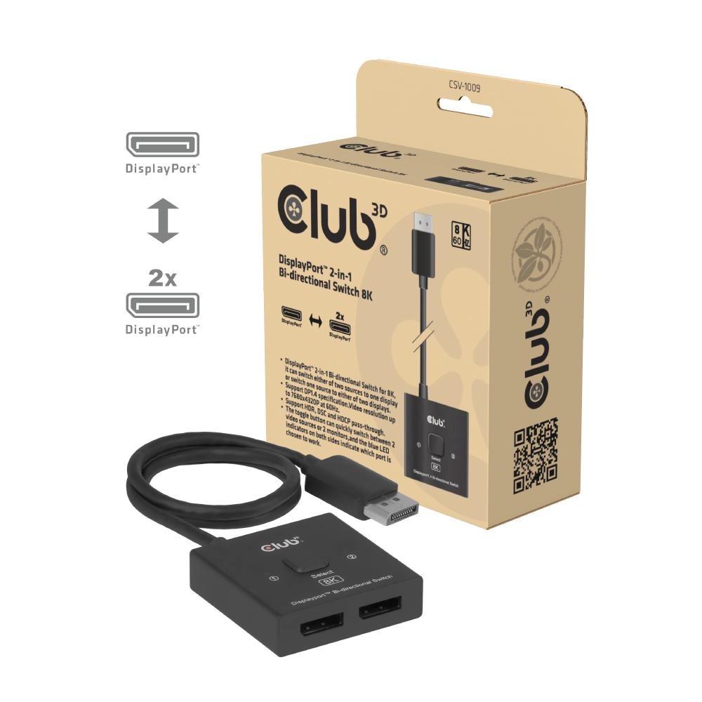 Club3D Switch, DP na 2x DP Oboustranný 2v1, 8K60Hz, 0,5m
