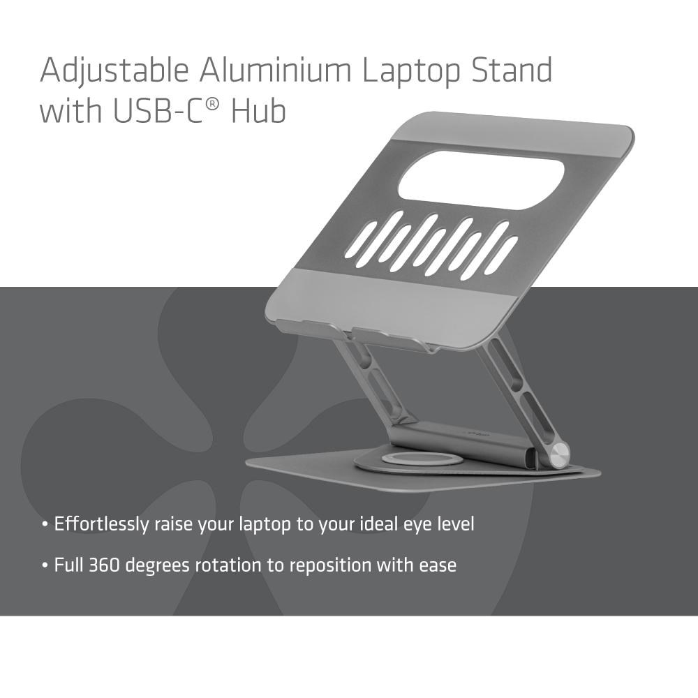 Club3D Nastavitelný hliníkový stojan pro notebook s USB-C hubem na 2xUSB, 1xHDMI, 2xUSB-C, 1xRJ45, 360°, 100W, 4K60Hz