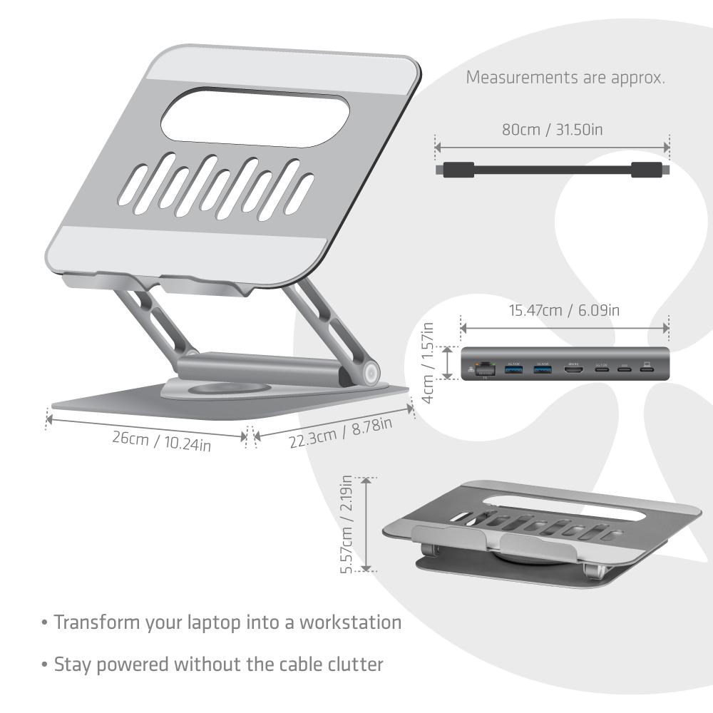 Club3D Nastavitelný hliníkový stojan pro notebook s USB-C hubem na 2xUSB, 1xHDMI, 2xUSB-C, 1xRJ45, 360°, 100W, 4K60Hz