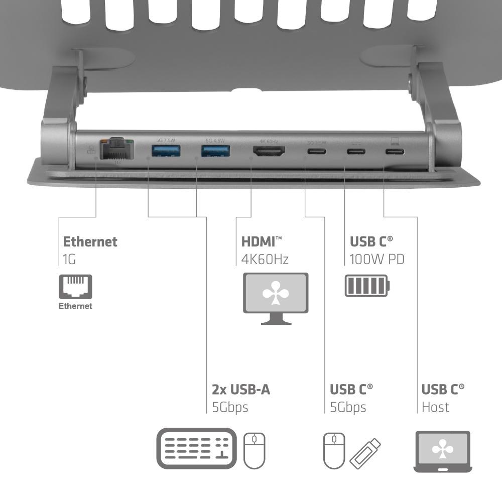Club3D Nastavitelný hliníkový stojan pro notebook s USB-C hubem na 2xUSB, 1xHDMI, 2xUSB-C, 1xRJ45, 360°, 100W, 4K60Hz
