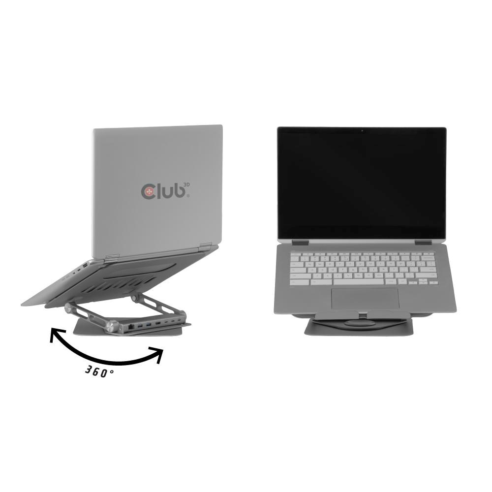 Club3D Nastavitelný hliníkový stojan pro notebook s USB-C hubem na 2xUSB, 1xHDMI, 2xUSB-C, 1xRJ45, 360°, 100W, 4K60Hz